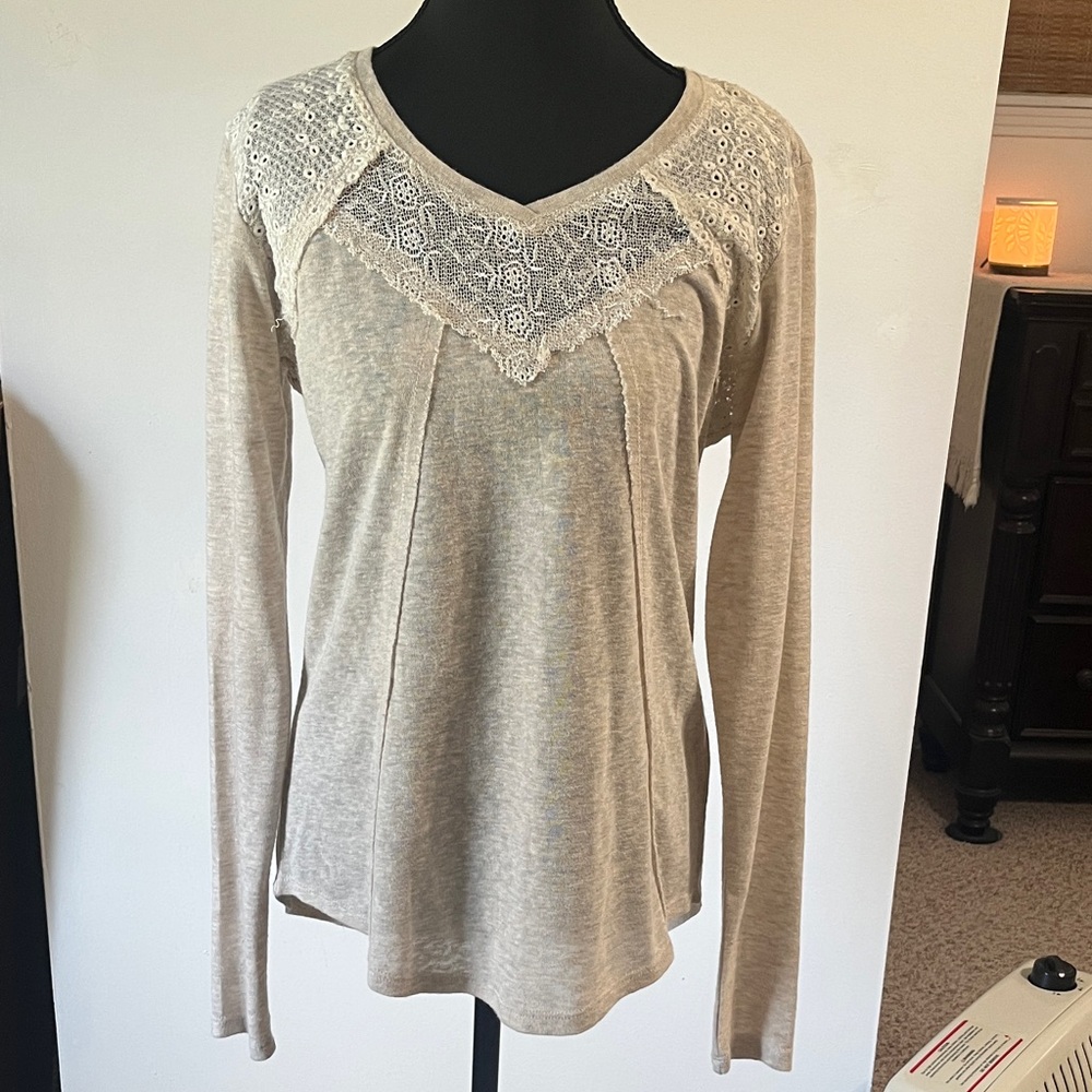 Jolt Beige Lace Accent Women's Blouse